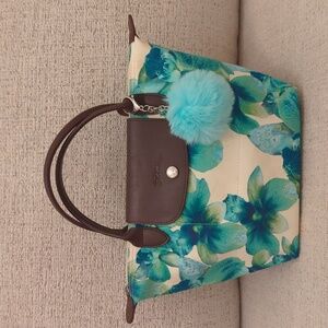 Longchamp Short Handle Green- Blue Orchid Flowers